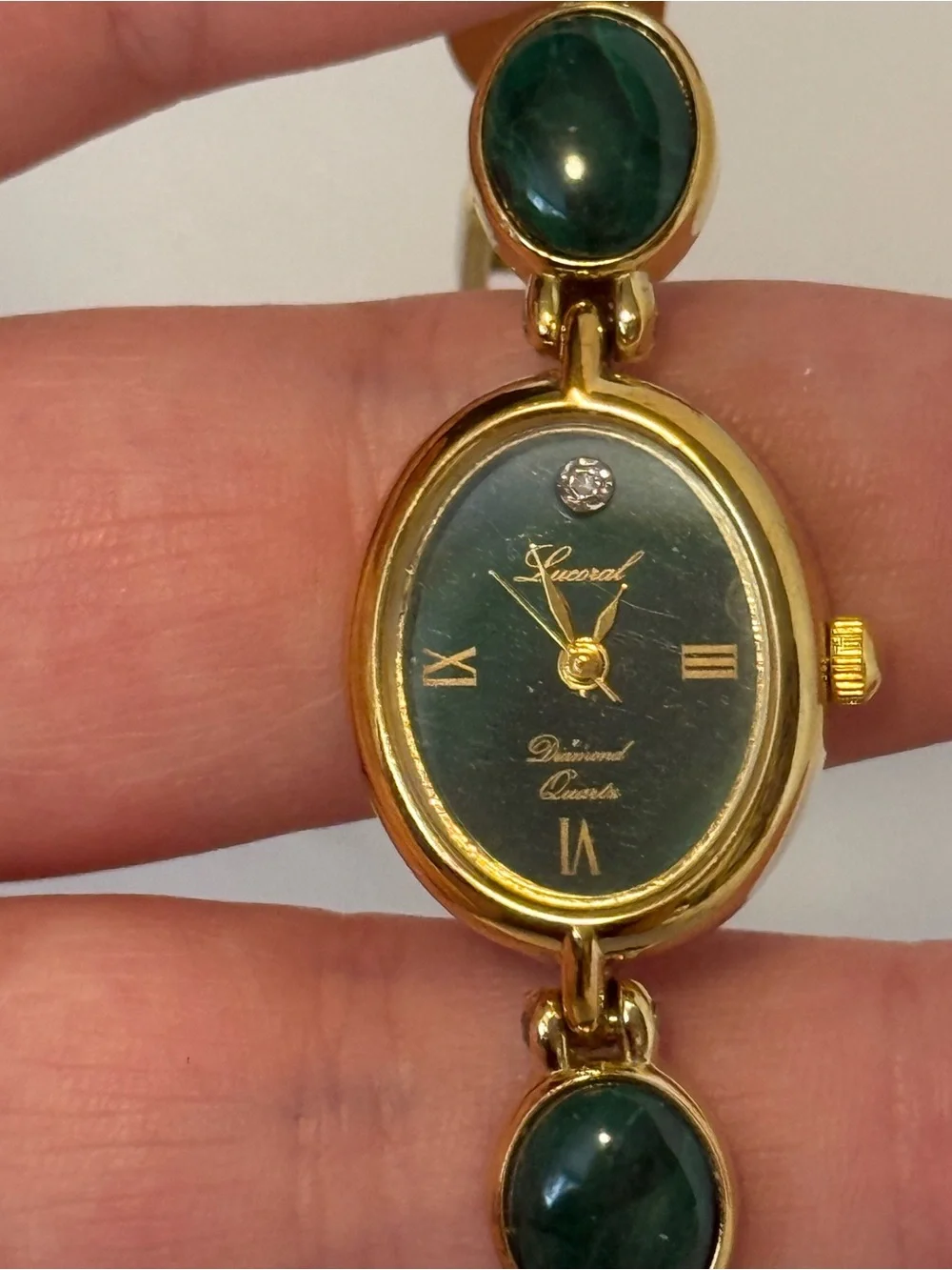 Vintage Lucoral Diamond Quartz Ladies Green Cabochon Gold Tone Japan Watch